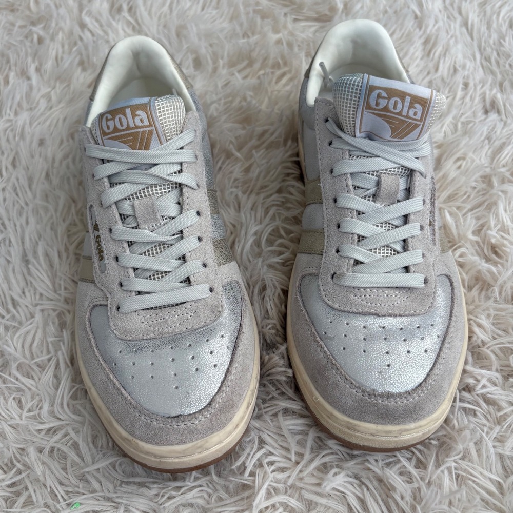 Anthropology Gola Hawk Shimmer Sneakers Silver Gold Leather Suede Lace Up Size 6 - Picture 2 of 9